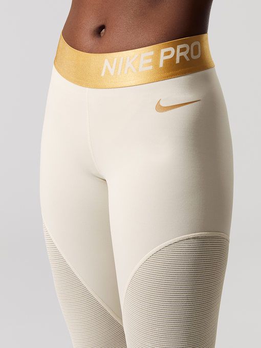 New Nike Women's Pro Warm 7/8 Training Tights (Light Cream/Gold