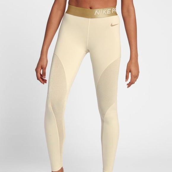 New Nike Women's Pro Warm 7/8 Training Tights (Light Cream/Gold, X
