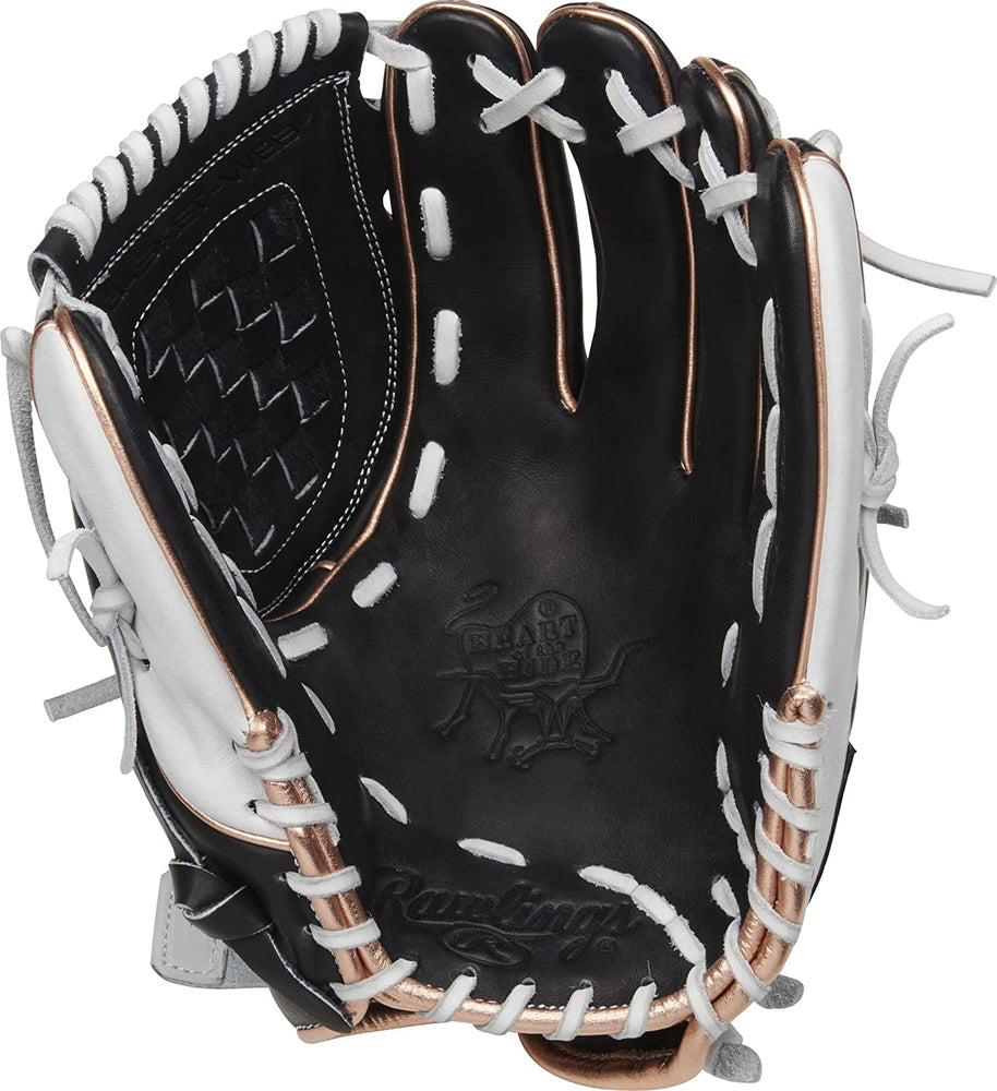 New Rawlings | Heart of The Hide Fastpitch Softball Glove | 12" | Basket Web | Left Hand Throw Black/White/Rose Gold