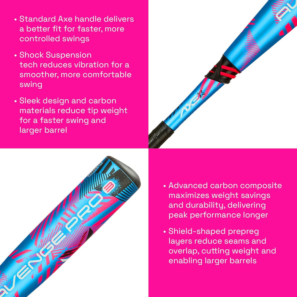 New Axe Avenge Pro 3 Composite USA Baseball Bat | Drop -10 | 3-Piece | 2 5/8" Barrel | Standard Axe Handle | Blue/Pink