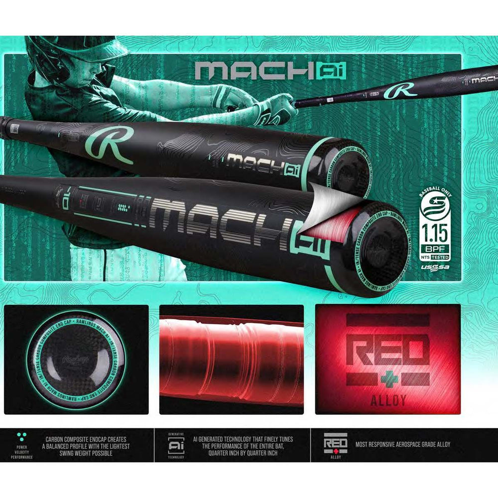 New 2025 Rawlings Mach AI -8 (2-3/4") USSSA Baseball Bat Black/Green