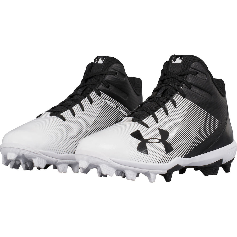New Under Armour Kids 11K Leadoff Mid RM JR Baseball Molded Cleats Black/White
