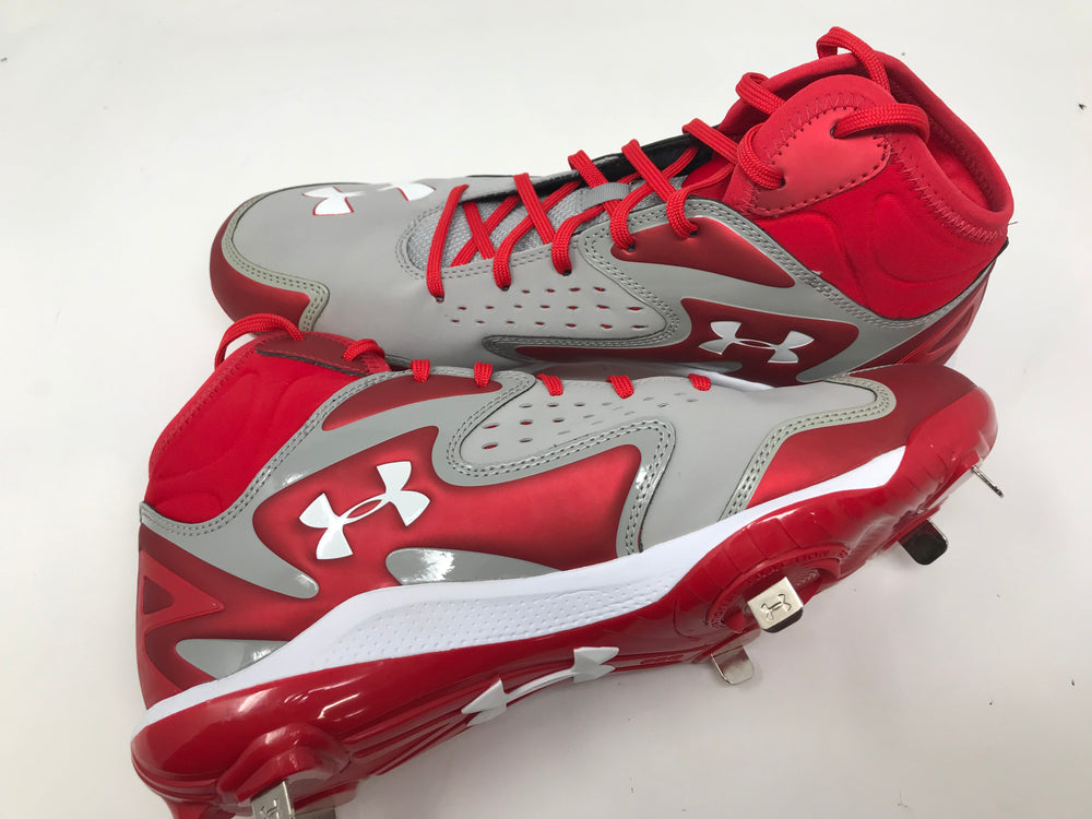 New Under Armour Men's 13.5 Yard Mid ST Baseball Metal Cleats Red/Gray