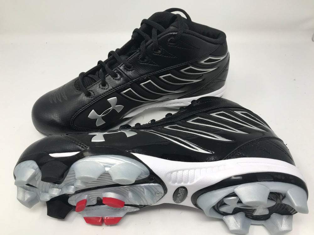 New Under Armour AU Prowler Mid TPU Baseball Cleat Mens Size 8.5 Black/Silver