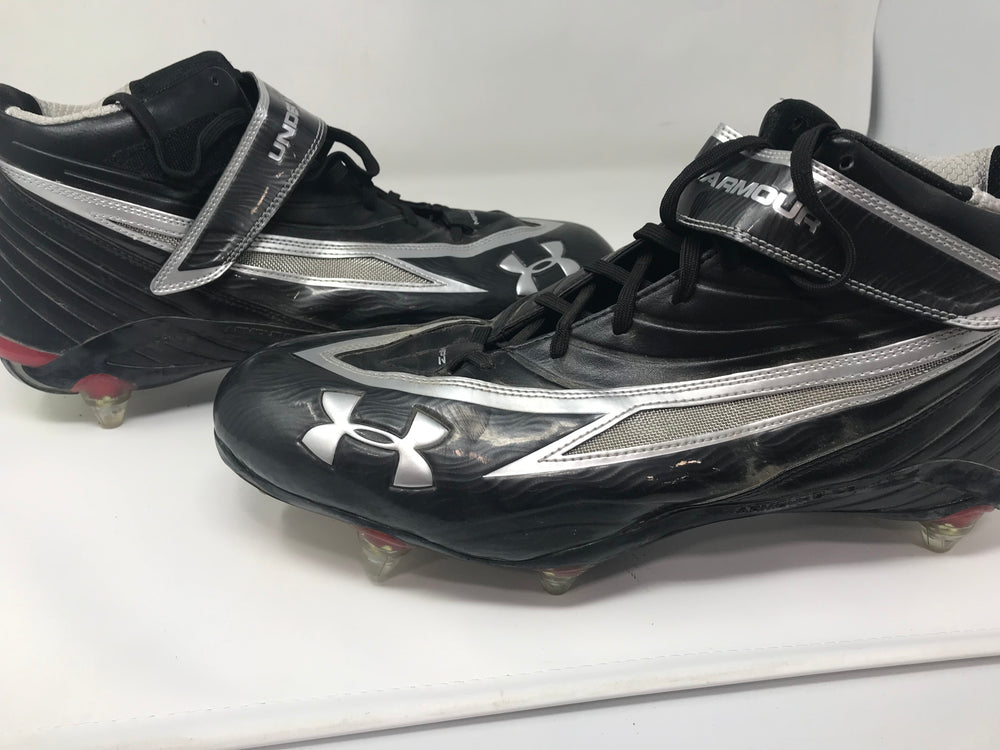 Used Under Armour Fierce II Mid Detachable Football Cleat Men's 16 Blk/Slvr/Rd