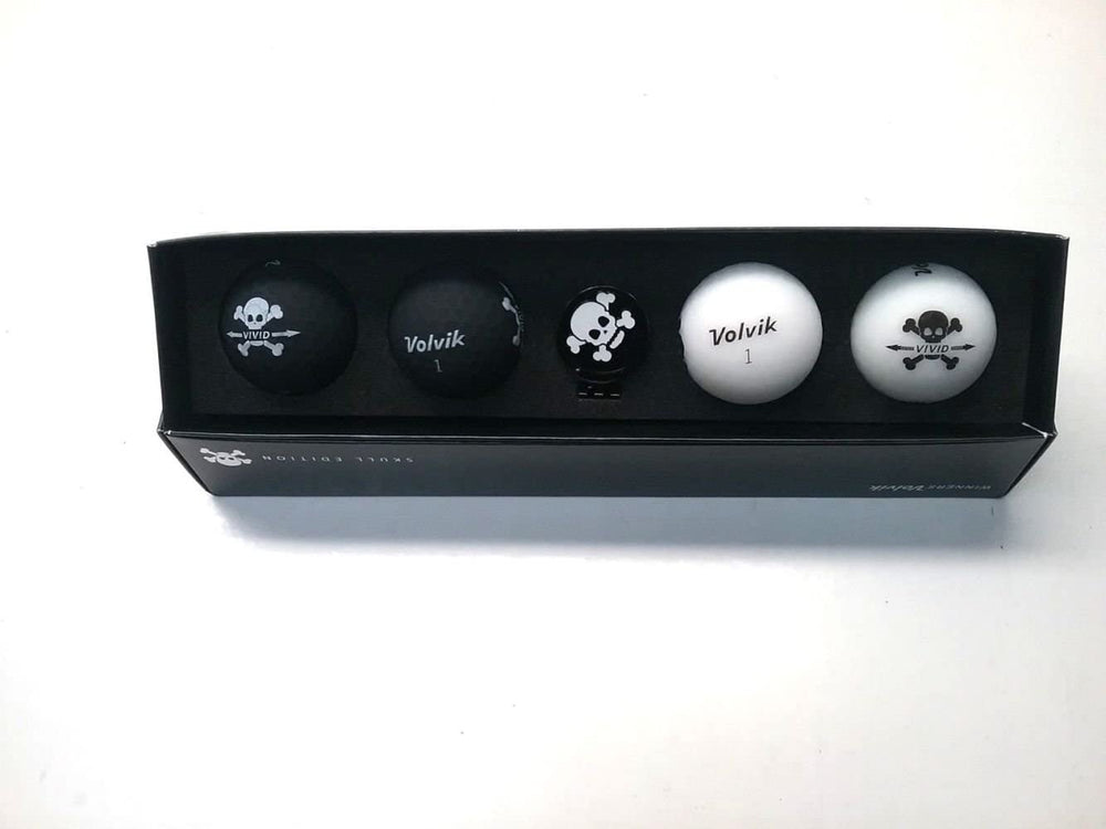 New Volvik Vivid Golf Balls Packs, Includes 'skull' ball marker Black/White