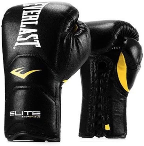 New Everlast Elite Unisex XL Laced Leather Boxing Gloves Black/Yellow